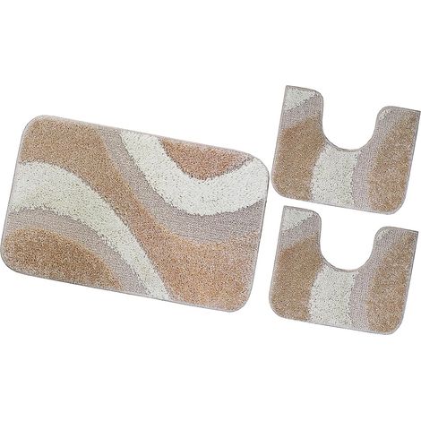 Tapis de bain Parure Set 3 Pièces Antidérapant Shaggy 3D Moderne Absorbant Lavable - Beige (1/4)