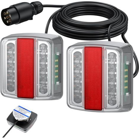 Feux Arrière Remorque - 2 Pièces - LED et Acier Magnétique - Câble 7,5m 7 Broches - Pour Poids Lourds et Camping-Cars - Homologué E11 (1/5)