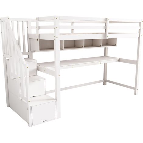 Kinder-Hochbett 90 x 200 cm mit Treppe, Stauraum, Schreibtisch und Regalen HOMVRA (1/5)