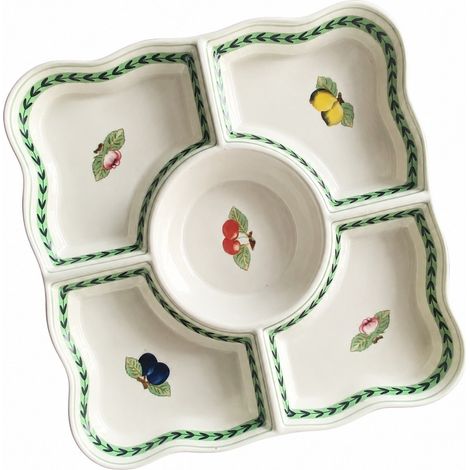 Assiette compartimentée en céramique, bord vert, motif jardin, 25 x 3 cm, bol pour animaux de compagnie. (1/5)