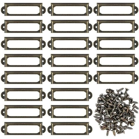 Lot de 50 porte-étiquettes en métal avec vis pour meubles, tiroirs, armoires, cartes, plaques de nom pour bureau, bibliothèque, étagères - Bronze (S-59 x 17 mm) (1/4)