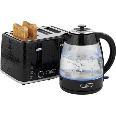 1,7L 2200W Schnellkoch-Wasserkocher und 4-Scheiben-Toaster-Set mit Kalkfilter, Schwarz
