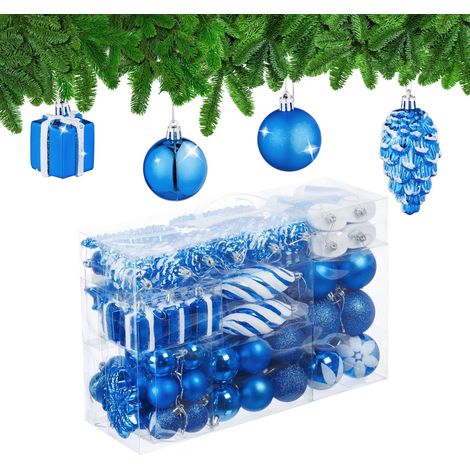 Boules de Noël, Lot de 72, en Plastique, Ornements de Sapin, cœurs, Bottes, Pommes de pin, Bleues (1/5)