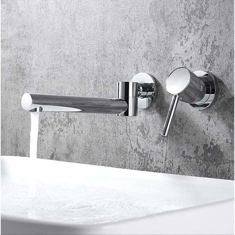 Concealed Basin Mixer Tap with 180° Swivel Spout, Wall Mounted Bathroom Faucet, Wall Mounted Brass Bathtub Taps with Hot and Cold Water (Silver) MUMU (1/4)