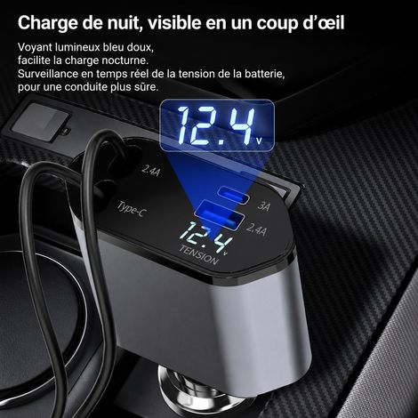 Chargeur Voiture Allume-Cigare C1 120W Double Type-C Affichage Numérique Câbles Rétractables ABS 16,9 × 8,2 × 3,9 cm 174 g – Livraison gratuite