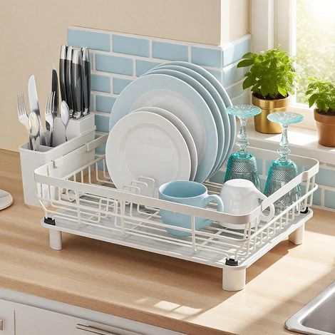 (White) Dish Drying Rack, Dish Rack, Large Dish Racks for Kitchen Counter, Drying Rack Kitchen with Removable Utensil Holder, Drainboard 16.9" x 12.9" x 5.9" (1/5)