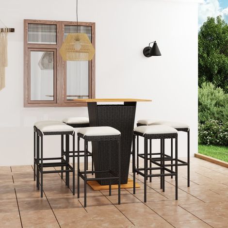 9-tlg. Gartenbar-Set mit Kissen Poly Rattan Schwarz (1/5)