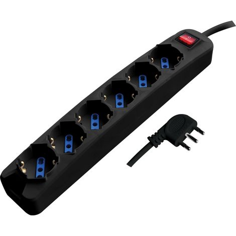 Multiprise Alcapower à 6 prises Schuko, câble de 1,5 mètre, fiche coudée à 90° 16 A, interrupteur lumineux, noire - ALC-6-15 (1/3)