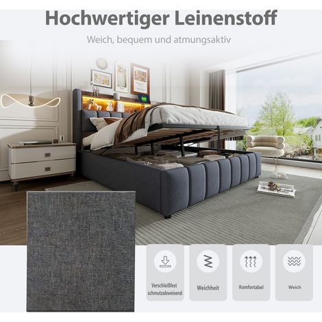 Lit rembourré 180 x 200 cm avec éclairage LED et prise USB, tête de lit avec étagères et espace de rangement, mécanisme de levage hydraulique, lit double pour adultes, revêtement en lin gris (1/5)