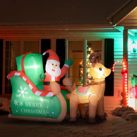 Père Noël avec traîneau et rennes, gonflable, éclairage LED blanc, 210 x 80 x 140 cm (1/5)