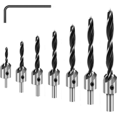 Lot de 7 forets zingués, jeu de forets à chanfrein pour sculpture sur bois à trois pointes avec clé hexagonale, perceuse en acier rapide, alésoir de menuiserie réglable plaqué pour le bricolage du boi (1/4)