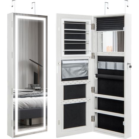 Mobiletto portagioielli da parete 40 x 12,5 x 120 cm con specchio illuminato spazio organizzato e sicurezza chic realizzato in MDF bianco 200019198