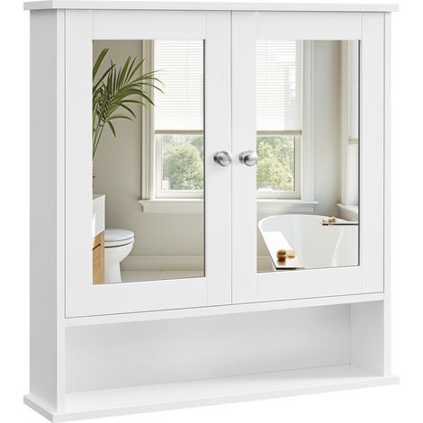 Armoire Murale, Meuble Salle de Bain, Placard de Rangement, Armoire Suspendue, 2 Portes-miroir et Compartiment Ouvert, Étagère Réglable, 13 x 56,5 x 58,5 cm, Blanc (1/5)