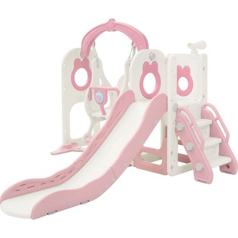Joyz Toboggan et Balançoire Enfant 5 en 1 avec Escaliers, Télescope, Panier de Basket, Aire de Jeux Intérieure et Extérieure, Jouets Structure pour Tout-Petits, Dès 3 Ans, Plastique HDPE Rose (1/5)
