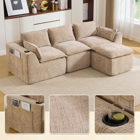 Canapé Modulable 3 Places avec Pouf en Tissu Chenille Kaki Canapé d'Angle avec Porte-Gobelet et Poches 256x161x75cm (1/5)