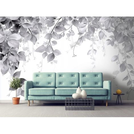 Fototapete Blätter Hängend Grau, für Wohnzimmer und Schlafzimmer, 150 x 105 cm – Komplettset inkl. Kleister & Anleitung (1/5)