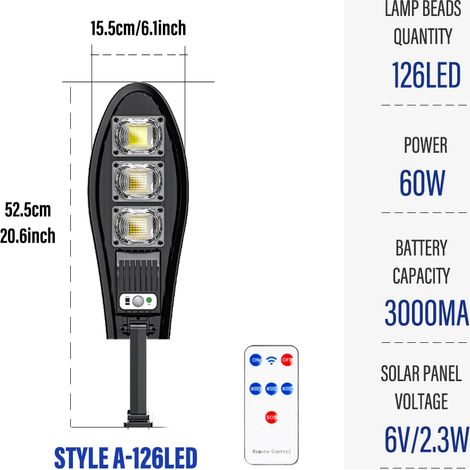 (126 LED) Lampe solaire LED extérieure pour jardin ou rue avec détecteur de mouvement et télécommande, étanche, compatible avec projecteur de garage. (1/5)