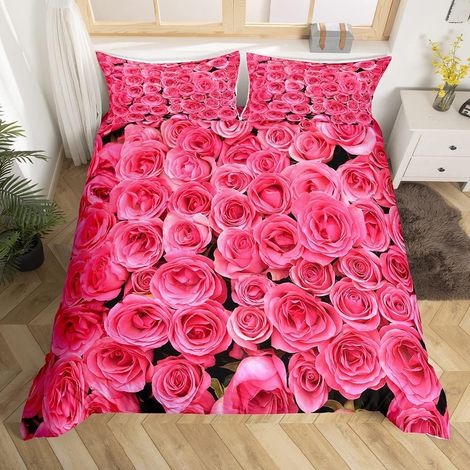 Rose Parure De Lit 140x200cm Rose Imprimé Floral Ensembles De Housse Couette pour Enfants Motif Fleur Housse Couette Respirant Jardin Thème Chambre Décor - 140 x 200 cm (1/5)