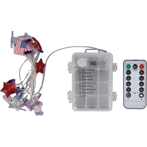 Guirlande lumineuse LED Fête Nationale 3m 30 ampoules, étanche IP44, télécommande sans fil, fonction minuterie, drapeau américain (1/5)