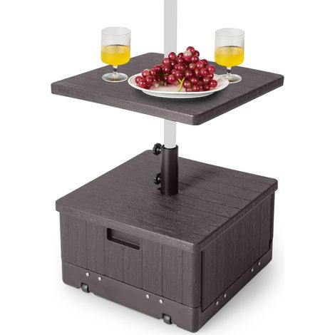 COSTWAY Base per Ombrellone, con Tavolino e Sacca Ponderata, Supporto per Ombrellone 45L di Acqua, 67 kg di Sabbia, Base Ombrellone 3 in 1 con Vassoio, per Ombrellone 38 mm/48 mm (Marrone)