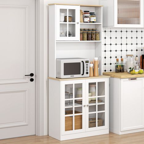 HOMCOM Küchenbuffet, hoher Küchenschrank mit Arbeitsplatte, 3 Glastüren, 2 Nischen und verstellbaren Einlegeböden, 80 x 37 x 183 cm, Weißeiche