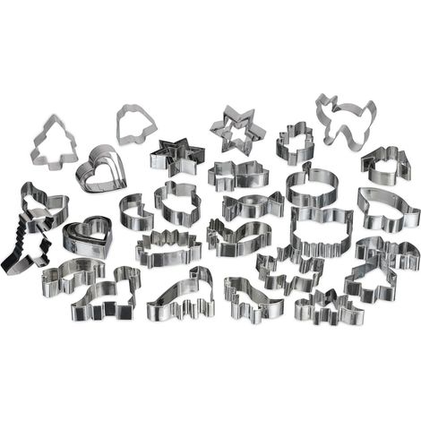 Relaxdays Cookie Cutter, Set of 36, for Every Season, Biscuit Mould, for Baking, Various Shapes, Stainless Steel, Silver (1/5)