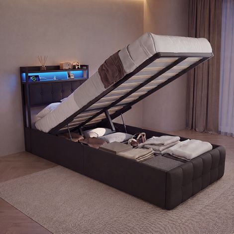 Cama individual con canapé abatible 90x200 cm y almacenaje, con LED RGB y puertos USB, cabecero tapizado en cuero sintético con estante, Negro (1/5)