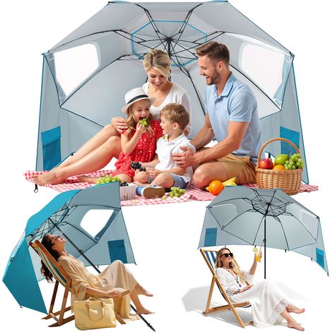 TolleTour Ombrellone da spiaggia orientabile UV50+ 210 x 230 cm, ancoraggio a spirale antivento, borsa da trasporto inclusa Azzurro cielo