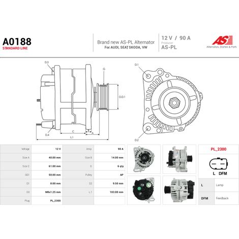 Alternateur AS-PL A0188 AUDI 036903024L 036903024LX 037903025H 037903025P