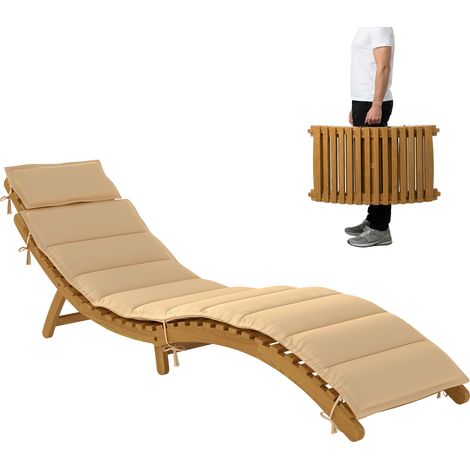 Outsunny tumbona plegable de madera de acacia con cojín y reposacabezas, asa de transporte, carga 120 kg, para patio, terraza, 183x54x63 cm, beige