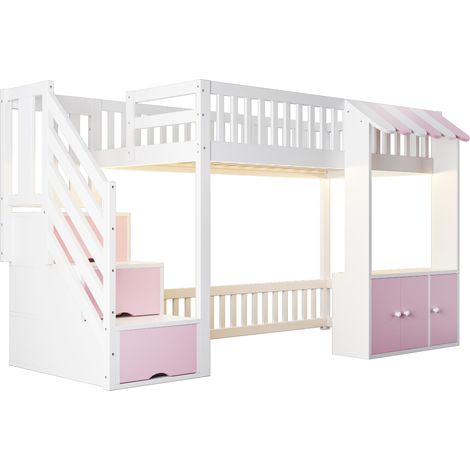 Cama alta 90 x 200 cm con almacenaje, escalera con cajones, LED multicolor, blanca y rosa (1/5)