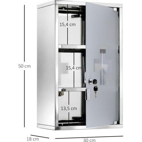 Armoire à pharmacie murale salle de bain 30 x 18 x 50 cm verrouillable trois étagères épuré en acier inoxydable argent (1/5)