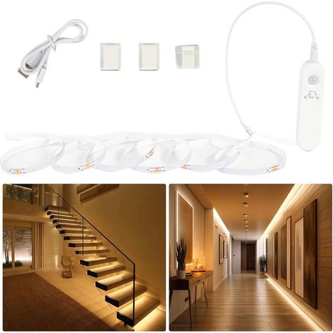 Ruban LED avec Détecteur Mouvement et Capteur Lumière, Batterie Rechargeable, D'éclairage à Intensité Variable sous Armoire Pour Escaliers, Cuisine, 2M, Blanc Chaud 2700K (1/5)