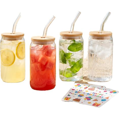 Glasbecher, Bambusdeckel, wiederverwendbare Strohhalme, 4Stück, 401-500ml-b (1/2)