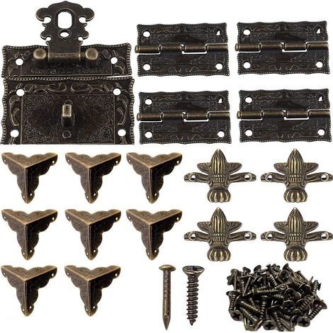 1 pcs Fermoir Boite Verrou Décoratifs Antiques 8 pièces Coin Décoratif Protection Couverture 4 pcs Charnière en Métal 4 pcs Pied D’angle Décoratifpour boîte à bijoux en bois bronze (1/5)