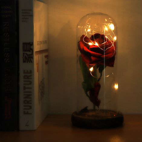 Rose éternelle illuminée par LED avec couvercle en verre et socle en bois - Cadeau idéal pour la Saint-Valentin ou un mariage - Rouge (1/5)
