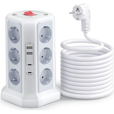 Multipresa con interruttore, modello a torre con 12 prese e 4 porte USB (2 USB-A e 2 USB-C), cavo da 1,5 m per uso domestico e in ufficio - Bianca (1/3)