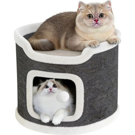 Niche pour chat avec griffoir pour chats d'intérieur - Petit arbre à chat avec plate-forme - Grotte - Lit pour chat avec balle de jeu - 30 x 40 x 40 cm (1/4)