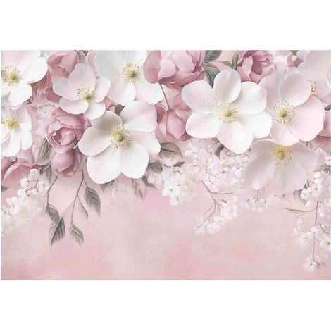 Papier peint mural fleurs suspendues rose béton intissé grand format design intérieur salon chambre pas cher 350x250 cm (1/5)