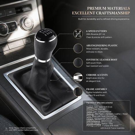 Toivize-Pommeau de levier 6 vitesses pour B7 2011-2012 Noir Cuir Synthétique et ABS Kit Complet avec Soufflet et Cadre Élégant (1/5)