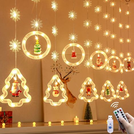 Rideau Lumineux Sapin de Noël Étoiles avec Figurine, Led Guirlande pour Fenêtre Intérieur, Balcon, Terrasse,3m (1/5)