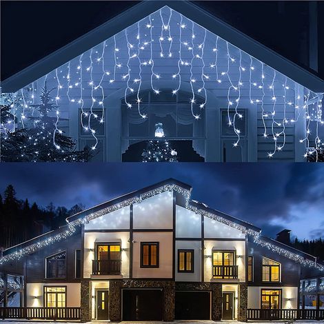 Rideau de Noël extérieur 10 m, guirlande lumineuse de stalactites alimentée par le secteur, lumières de glace avec 108 gouttes, pour décoration de Noël, blanc (1/5)