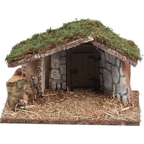CAPANNA VUOTA IN LEGNO CON MURO E SASSI 24X13X15CM