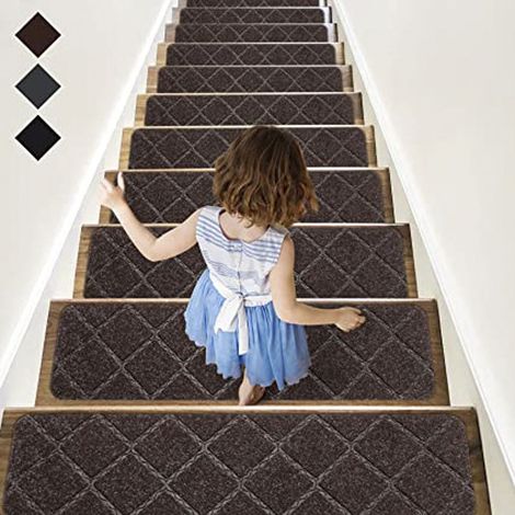 Marches d'escalier - Lot de 15 marches d'escalier antidérapantes 20 x 76 cm/Tapis de protection autocollants, diamant, gris foncé (1/5)