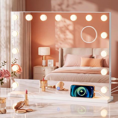 WOLTU Espejo de maquillaje con luces, puerto USB, 15 bombillas regulables, 3 modos de iluminación, espejo con aumento de 10x, pantalla táctil,blanco (1/5)