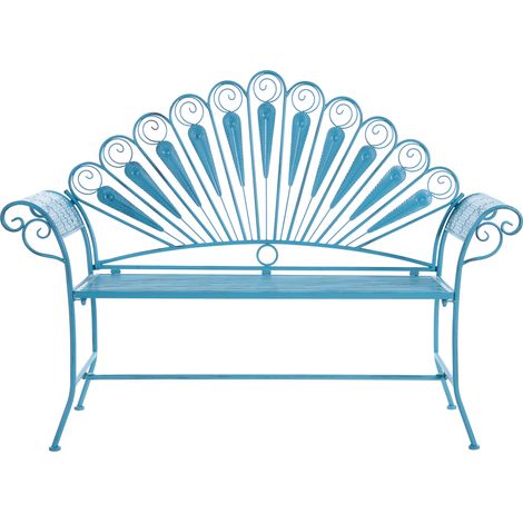Banco de jardín vintage de metal y hierro con 2 plazas con reposabrazos efecto desgastado azul Pavia