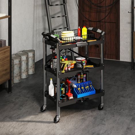 Carrello portautensili pieghevole 64x37x84 cm, 4 ruote, 3 ripiani, plastica, nero (1/5)