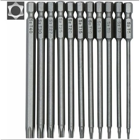 Jeu de 11 embouts longs Torx pour tournevis et visseuse électrique - Embouts magnétiques - Tige hexagonale de 1/4" - Tailles T6 à T40 - Longueur 100 mm (1/5)
