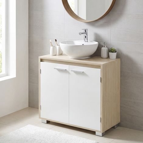 Meuble sous Lavabo, Rangement Salle de Bain avec Portes, 2 Compartiments, Pieds, 60 x 30 x 60 cm, Beige et Blanc (1/5)