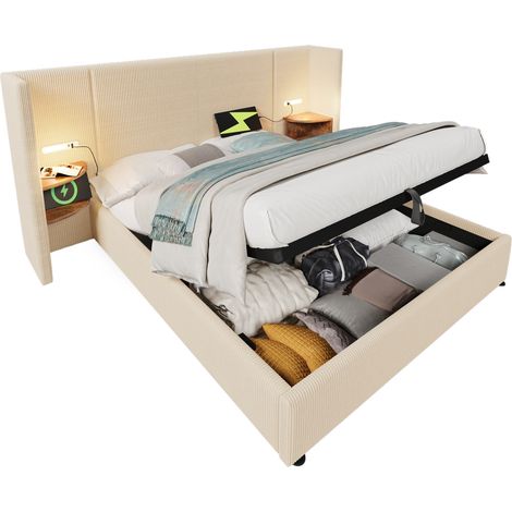 Lit coffre 180x200 en velours côtelé beige et blanc avec tête de lit à étagère, liseuse tactile USB et Type-C, sommier à lattes inclus, sans matelas CHICFURN (1/5)